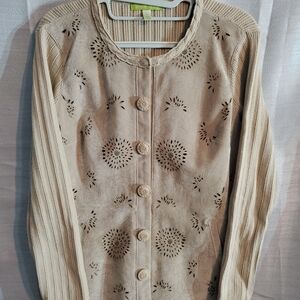 Sigrid Olsen Sm Beige Suede Floral Front Knit Back L/S Cardigan Hook & Eye
